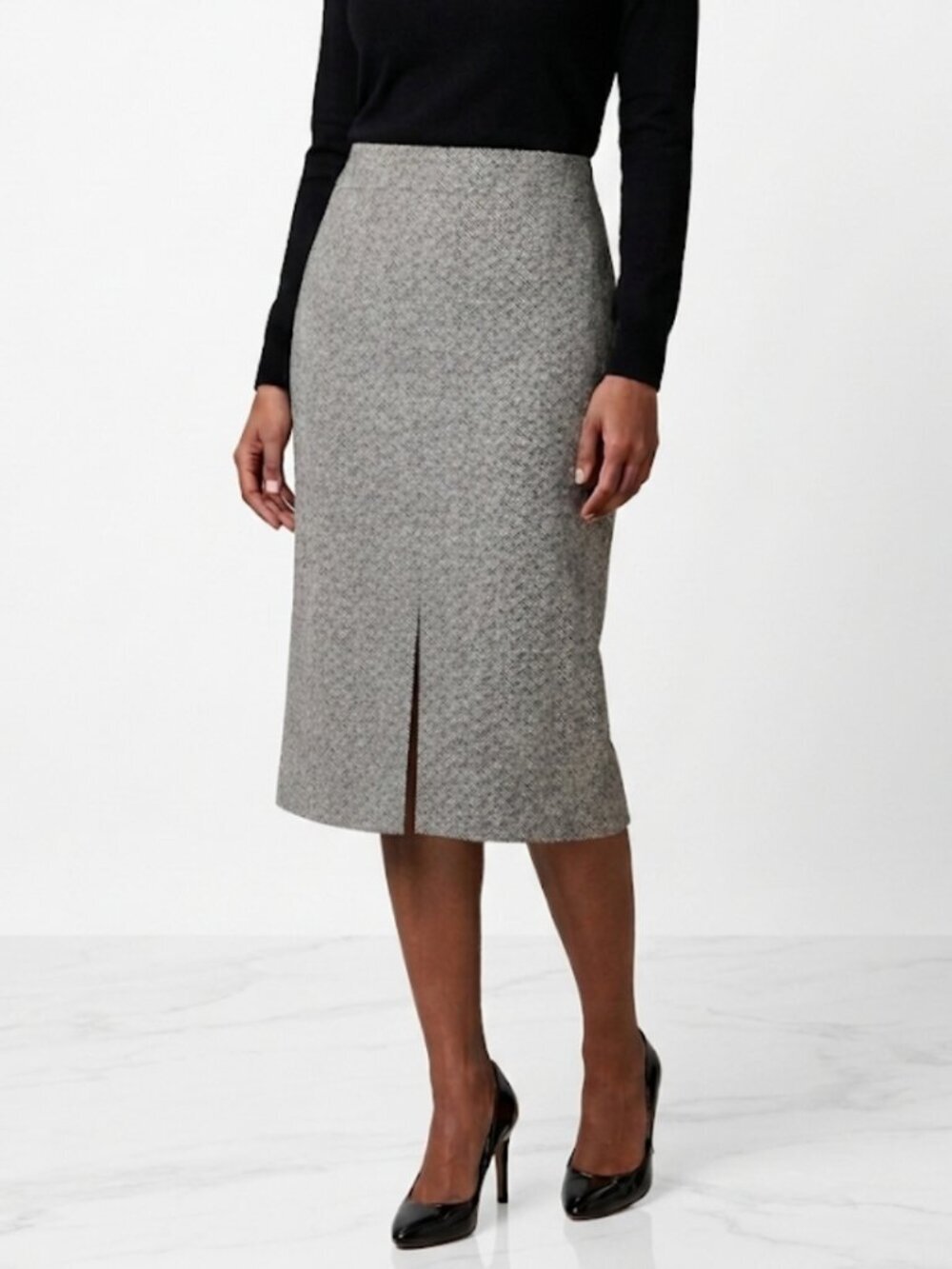 MM.LaFleur Textured Herringbone Midi Pencil Wool BlendSkirt Gray Multi Color Sz
